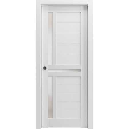 SARTODOORS Sliding French Dbl Pocket Doors 36 x 84in, Nordic White W/ Frosted Glass, Kit Trims Rail Hardware QUADRO4445DP-NOR-3684